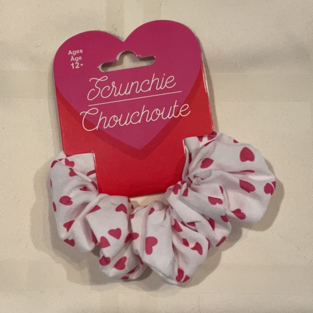 NWT white with pink hearts scrunchie